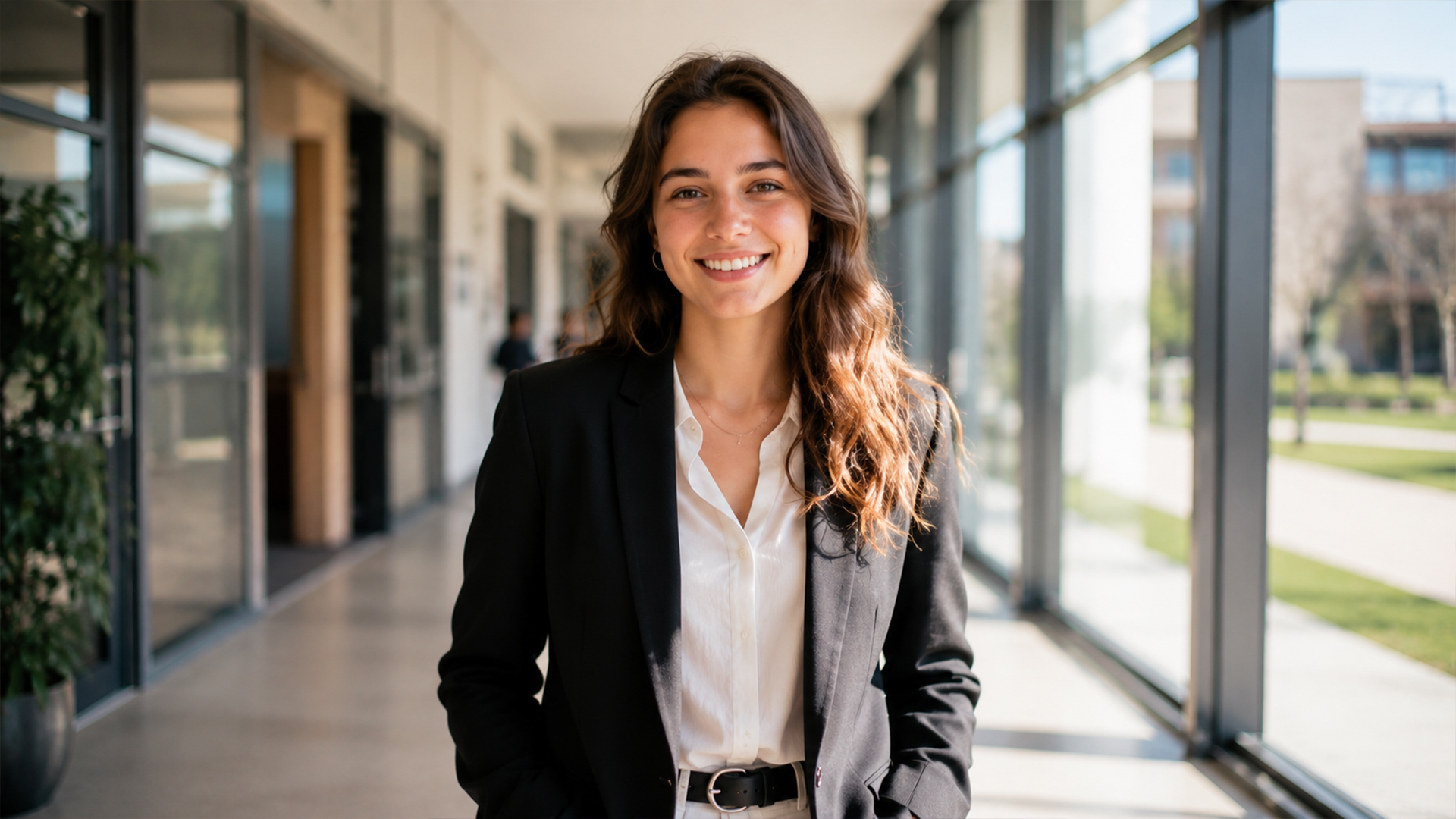 Étudiant Rush School en blazer dans un campus moderne